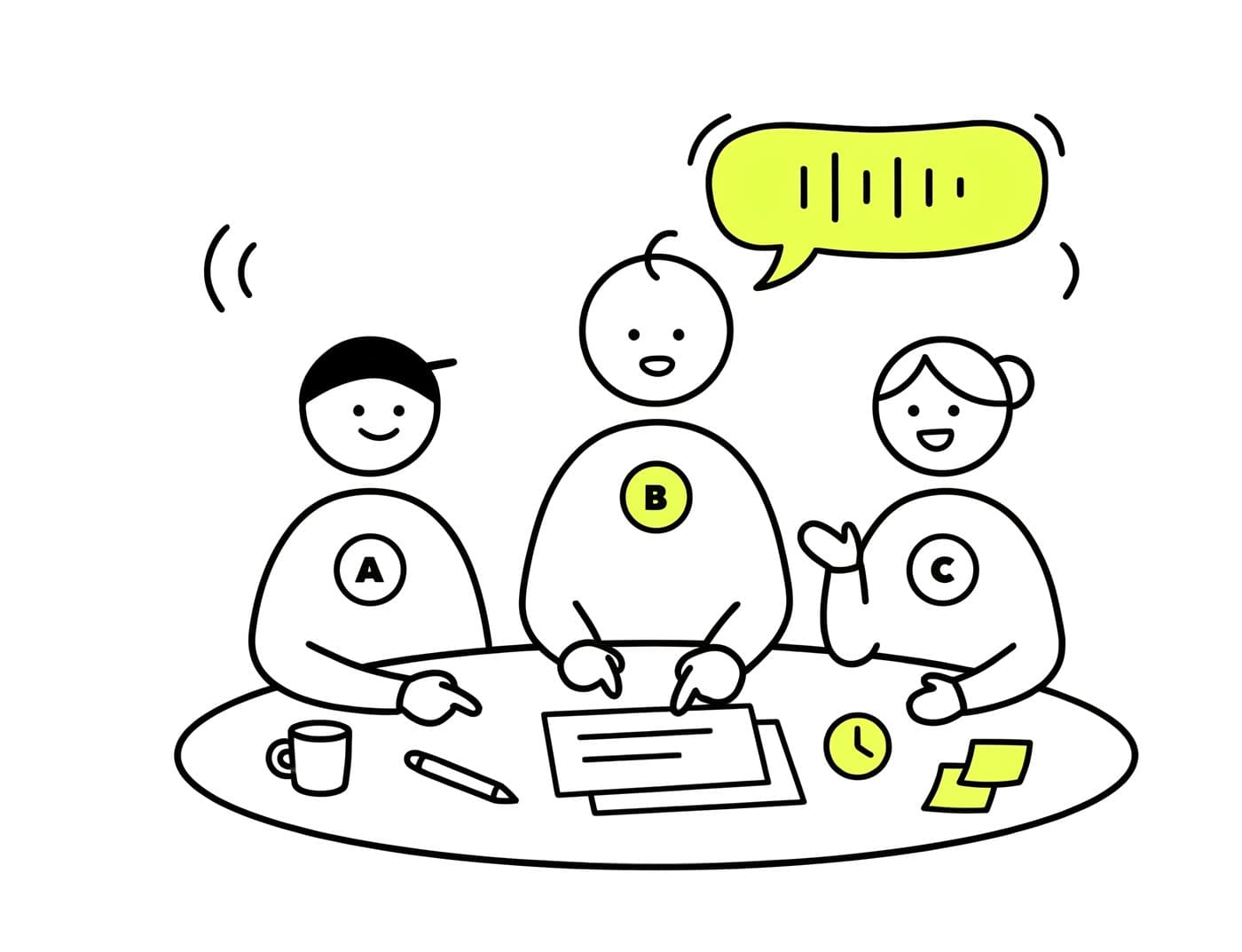 丸いテーブルを囲んで話す、参加者A・B・Cの3人のイラスト